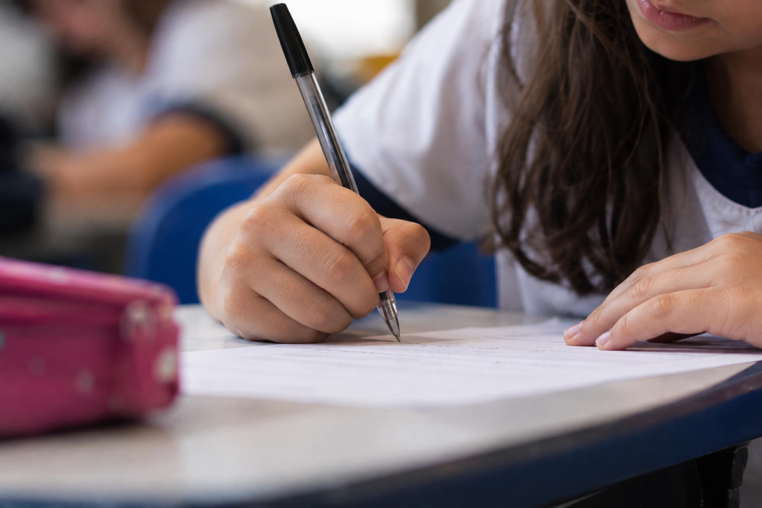 Aluna respondendo uma avaliação somativa, que faz parte dos tipos de avaliação de uma escola.