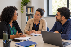 Profissionais de uma instituição em uma reunião de alinhamento da administração escolar.