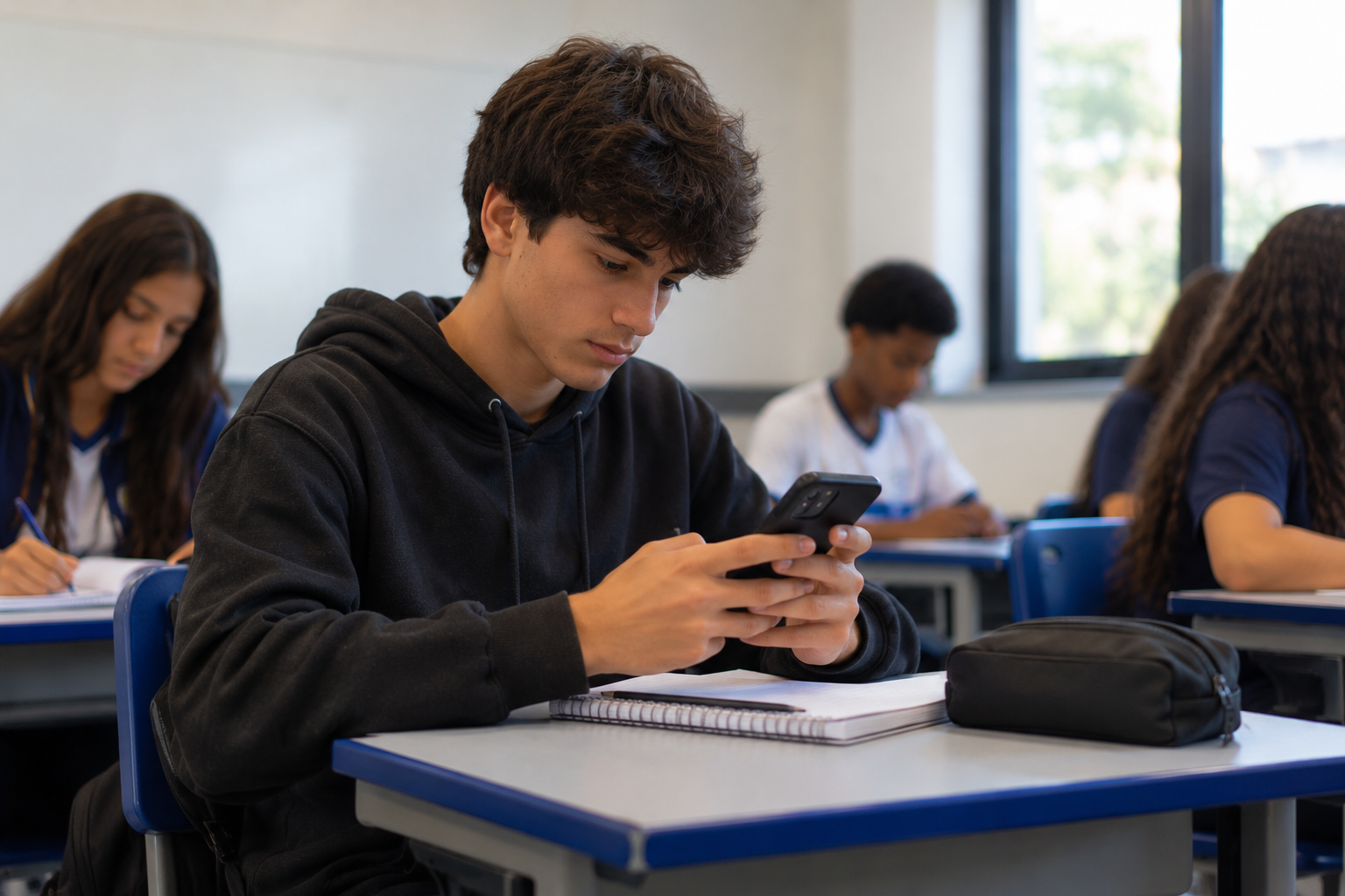 Aluno de ensino médio usando o celular para acessar a internet, onde é necessário ter ética digital.